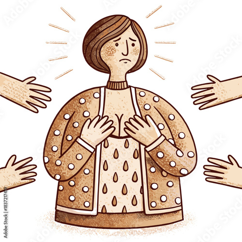 Woman feeling anxious while surrounded by reaching hands concept of icon  