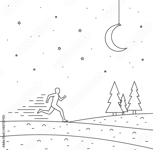 Nighttime marathon runner illustration with moon and stars, minimalist line art depicting fitness, perseverance, and outdoor sports