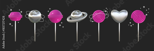 3D lollipops. Chrome heart. Silver futuristic sphere for love or game party. Realistic plastic birthday sparkle. Sugar candle in stick. Foil heart treat. Sweet spiral. Vector shapes set