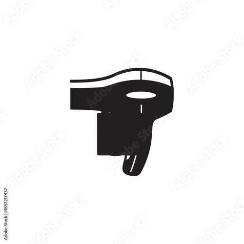 Simple black and white icon depicting a modern hair dryer silhouette