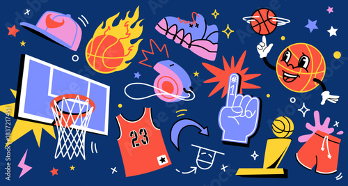 Basketball game. Cartoon basket ball doodle. Groovy referee competition with whistle. Scoreboard and stadium. Athletic playground. Streetball sportwear. Play tournament. Vector cartoon set
