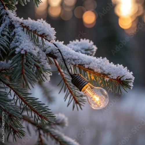 Frosty Christmas tree branch with glowing light bulb on winter background