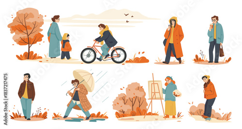 Autumn walk. Family ride on bike, people sport run or bicycle characters. Children in raincoat in outdoor park, couple fitness in rainy weather. Vector cartoon isolated illustration set