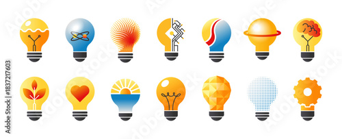 Idea logo. Light bulb. Technology icon. Electric lab or smart mind concept. Student education insight. Power up lamp. Renewable energy. Science innovation. Vector lightbulb symbols set