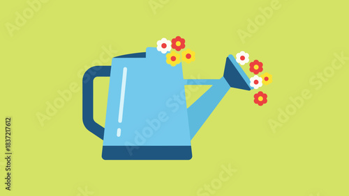 A blue watering can with a spout overflowing with small red and yellow flowers against a light green background.