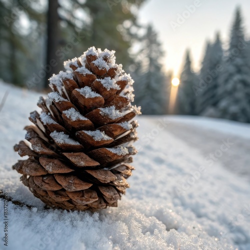Frosty pine cone with a peaceful mood on a snowy forest path during sunrise