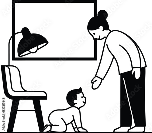 Mother interacting with her crawling baby in a simple home setting, offering a helping hand, representing early child development and family bonding