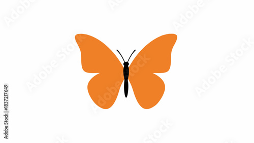 A minimalist illustration of an orange butterfly with black body and antennae, isolated on a clean white background.