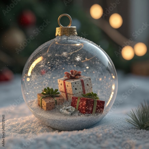 Decorative glass Christmas ornament with a joyful feeling showcasing gifts inside