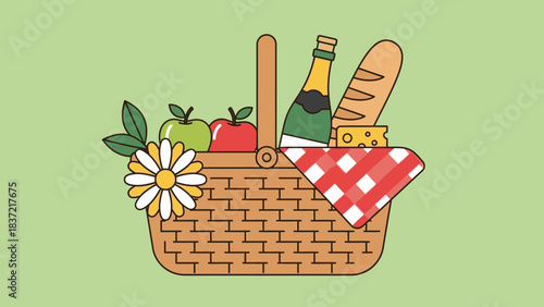 A charming picnic basket filled with fresh fruit, a baguette, cheese, and a bottle of champagne, adorned with a daisy.