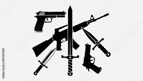 A collection of various weapon silhouettes including firearms and bladed weapons, arranged in a dynamic composition.