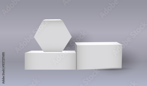 3d stand composition. White empty product podium, blank platform for presentation and exhibition, block stage with shadows, square column, minimal shape, showroom vector isolated mockup