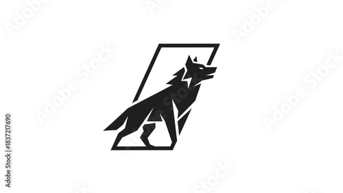 Stylized black wolf logo with sharp geometric lines inside an angular frame on a white background.