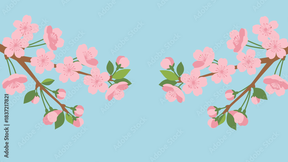 Fototapeta premium Two beautiful cherry blossom branches with pink flowers and green leaves on a light blue background, symbolizing spring.