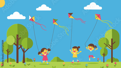 Children joyfully flying kites on a sunny day in a park with trees and clouds.