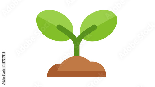A simple flat design illustration of a green plant sprout with two leaves emerging from brown soil, symbolizing growth and new beginnings.