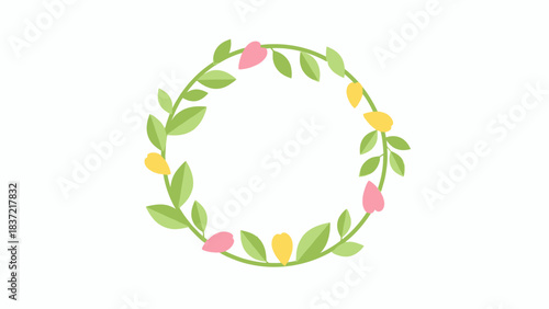A circular wreath of green leaves with small pink and yellow flowers adorning it.