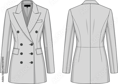 Double-breasted blazer technical fashion sketch, notched lapel, flap pockets, princess seams, front and back view, garment construction, apparel template