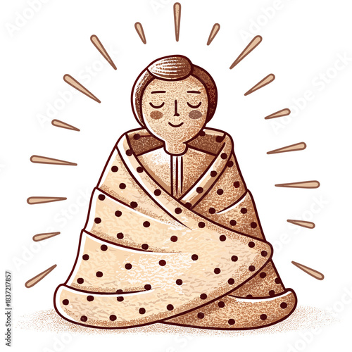 Person wrapped in cozy blanket radiating warmth and comfort  