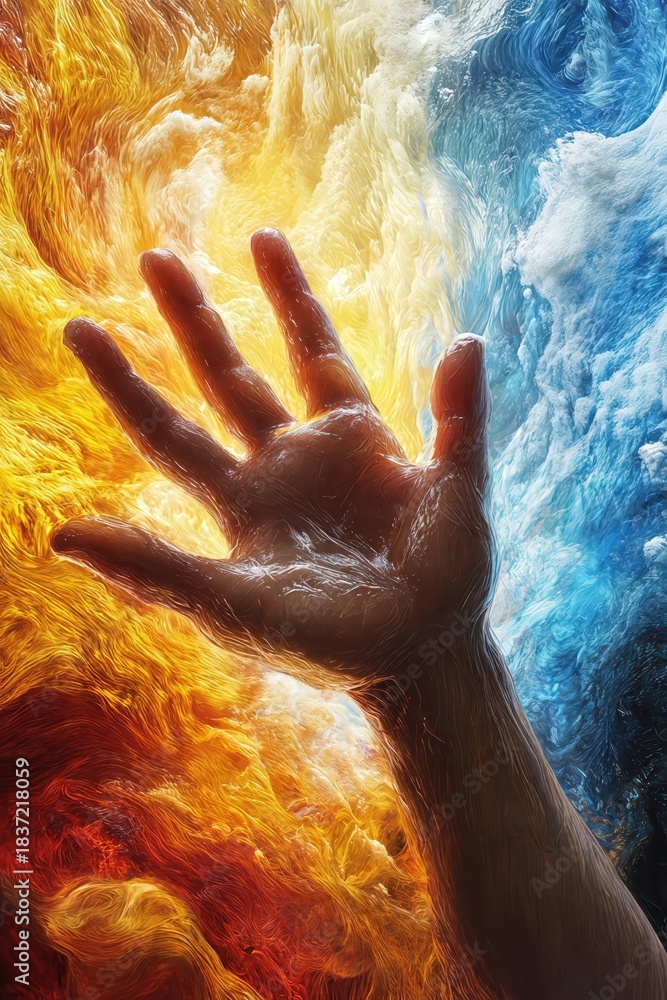 Fototapeta premium Hand reaching through fiery, icy background, representing contrasting elemental energies