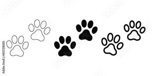 Animal Paw Print Icon Set Vector in Outline and Solid Black for Pets and Wildlife