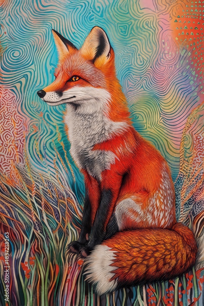 Obraz premium Colorful fox amidst swirling, abstract patterns and vibrant grasses