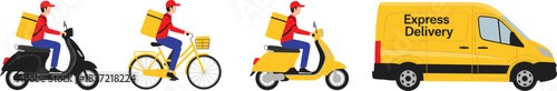 Vector Collection of Express Delivery Services, Featuring a Dispatch Rider on a Scooter and Bicycle, and a Yellow Delivery Van, Ideal for Logistics, E-commerce, and Food Service Concepts.