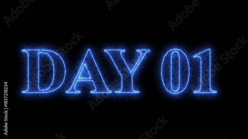 Animated glowing flickering neon inscription DAY 01. Day 01 neon text animation, calendar counter concept on black background.