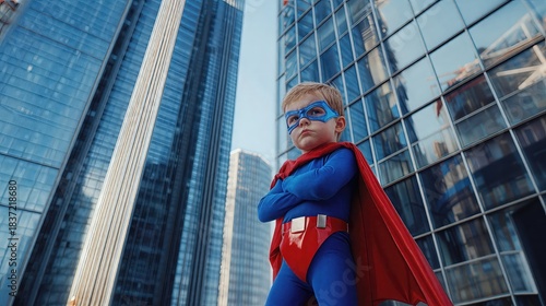 Young superhero cosplaying boldly amid urban skyline