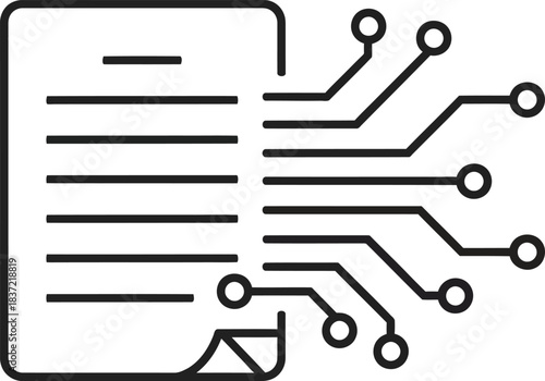 Electronic document icon with circuit board connection symbolizing digital data processing, smart contracts, and secure information flow.