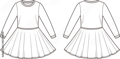 Long sleeve dress technical fashion sketch, round neckline, cuff detail, flared panel skirt, front and back view, garment construction, apparel template
