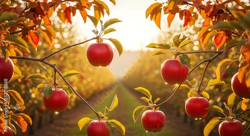 Abundant Apple Orchard in Autumn Sunlight.