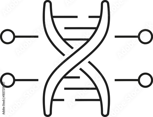 Dna double helix structure outline icon with data connection points, representing genomics, bioinformatics, and scientific research.