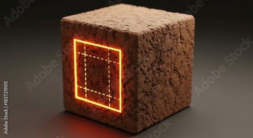 Abstract Cube with Glowing Lines and Rough Texture.