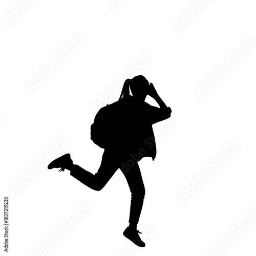 Silhouette of a young female student or traveler with a backpack running or jumping dynamically, captured in a striking black shape against a plain, suggesting movement and activity