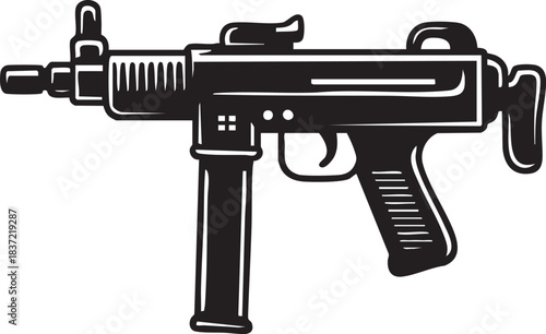 Submachine gun symbolizing street crime, gang culture and underground rebellion. Street tattoo, trafaret, submachine gun, gangster and gang symbol. Underground tattoo, isolated vector illustration