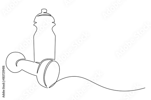 Continuous one line drawing of Dumbbell and a bottle of water. Single line drawing illustration of Water bottle with gym equipment. Fitness equipment concept vector art. Doodle line illustration.