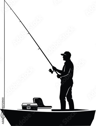Silhouette of an avid fisherman casting a fishing rod from a small boat on a tranquil lake or river, enjoying the relaxing solitude and natural beauty of the peaceful outdoor leisure activity.