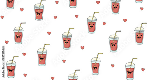 Kawaii seamless pattern featuring cute smiling smoothie cups with straws and little red hearts scattered on a white background.