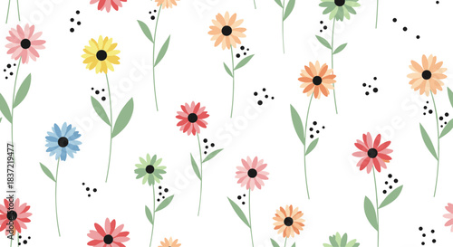 Delightful seamless floral pattern with colorful watercolor-style daisies and black dots scattered on a bright white background.