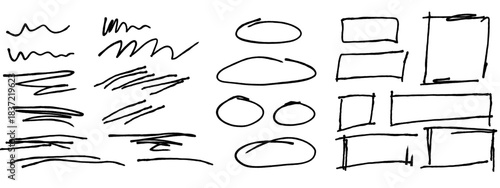 Black brush pencil underline marks with crayon stroke textures for highlighting and emphasis. Hand drawn lines of wavy and straight, circular shapes and rectangles for text decoration and annotation