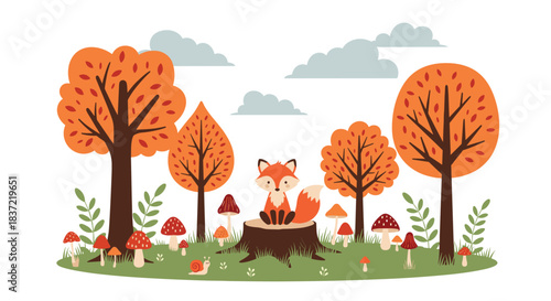 Adorable autumn forest scene with a cute cartoon fox sitting on a stump, surrounded by colorful trees and mushrooms.