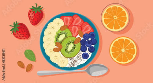 Healthy breakfast bowl viewed from above, filled with yogurt, sliced strawberries, kiwi, banana, blueberries, almonds, and chia seeds.