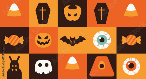 Geometric Halloween pattern with various spooky icons like coffins, bats, pumpkins, and eyeballs arranged in a colorful grid.