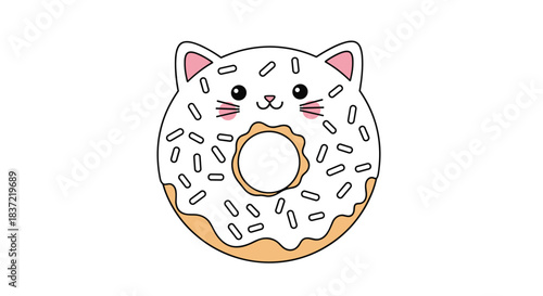 Adorable kawaii donut shaped like a cat's head, with white icing, colorful sprinkles, and cute pink ears and whiskers.