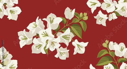Beautiful seamless floral pattern of white bougainvillea flower clusters with green leaves on a rich, dark red background.