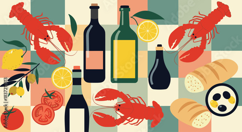 Mediterranean dinner spread illustration with lobsters, wine bottles, bread, tomatoes, lemons, and olives on a checkered tablecloth.