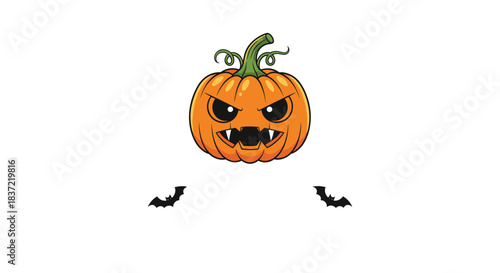Menacing jack-o'-lantern character with vampire fangs and glowing eyes, with two small bats flying below on a white background.