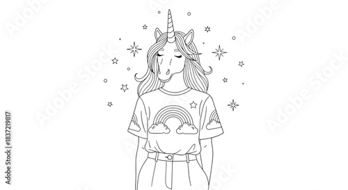 Unique coloring page for adults showing a girl with a unicorn head, wearing a rainbow t-shirt, surrounded by stars.