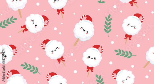 Sweet Christmas seamless pattern with kawaii cotton candy characters wearing Santa hats on a snowy pink background with leaves.